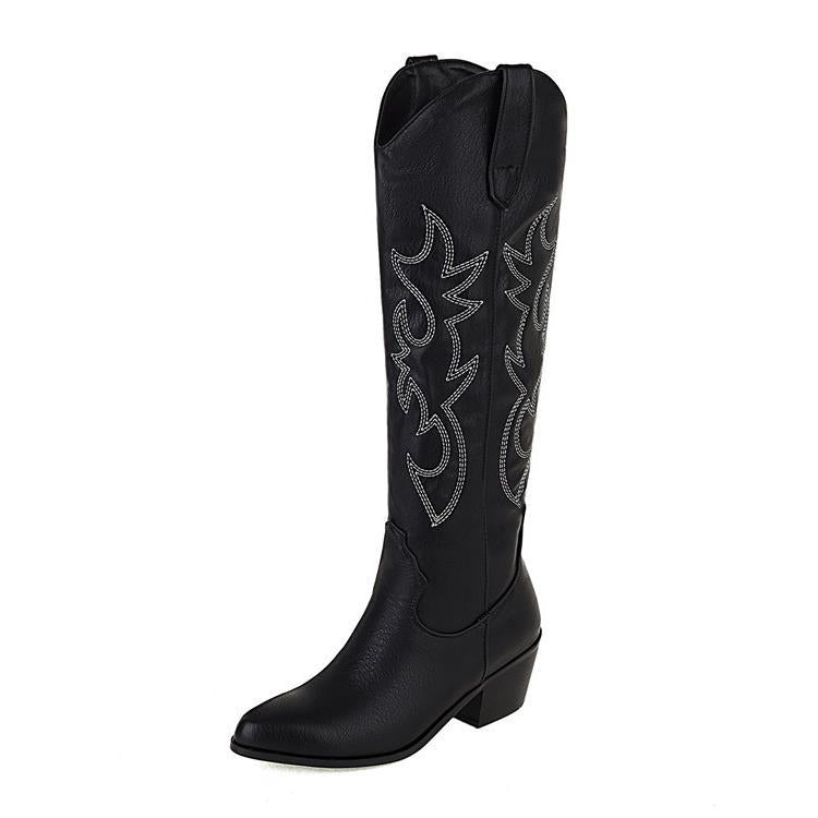 V Cut Western Cowboy Boot Women's High Heel Pointed Toe Knight Boots Below The Knee Boots Slim High