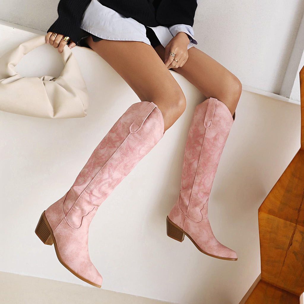 V Cut Western Cowboy Boot Women's High Heel Pointed Toe Knight Boots Below The Knee Boots Slim High