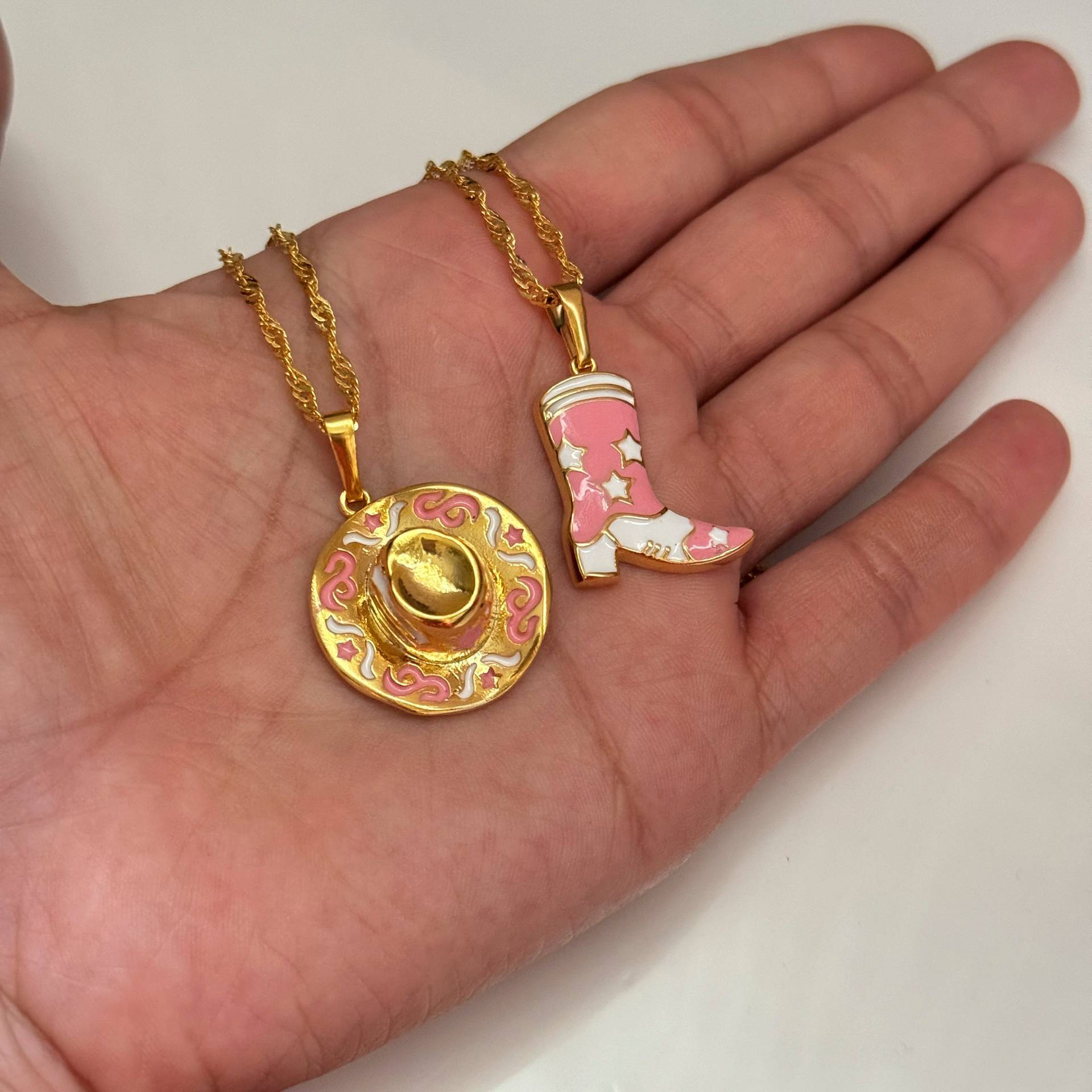 Denim Boots Cowboy Hat Pendant Necklace Retro Style Ornament Vacuum Plating In Furnace