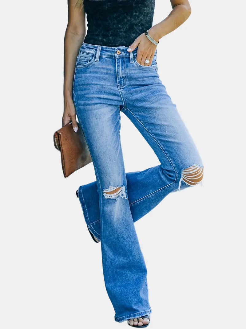 Women's Flared Bell Bottom Distressed Denim Jeans