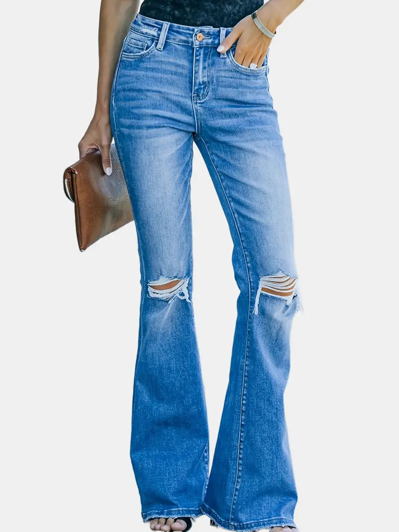 Women's Flared Bell Bottom Distressed Denim Jeans
