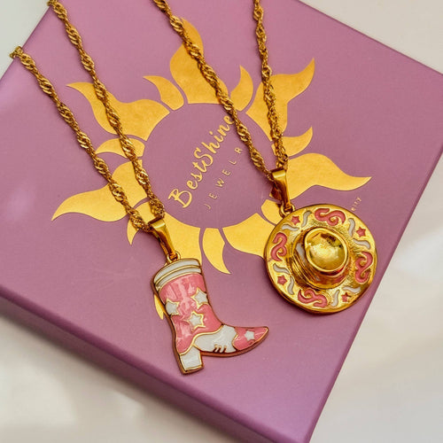 Denim Boots Cowboy Hat Pendant Necklace Retro Style Ornament Vacuum Plating In Furnace