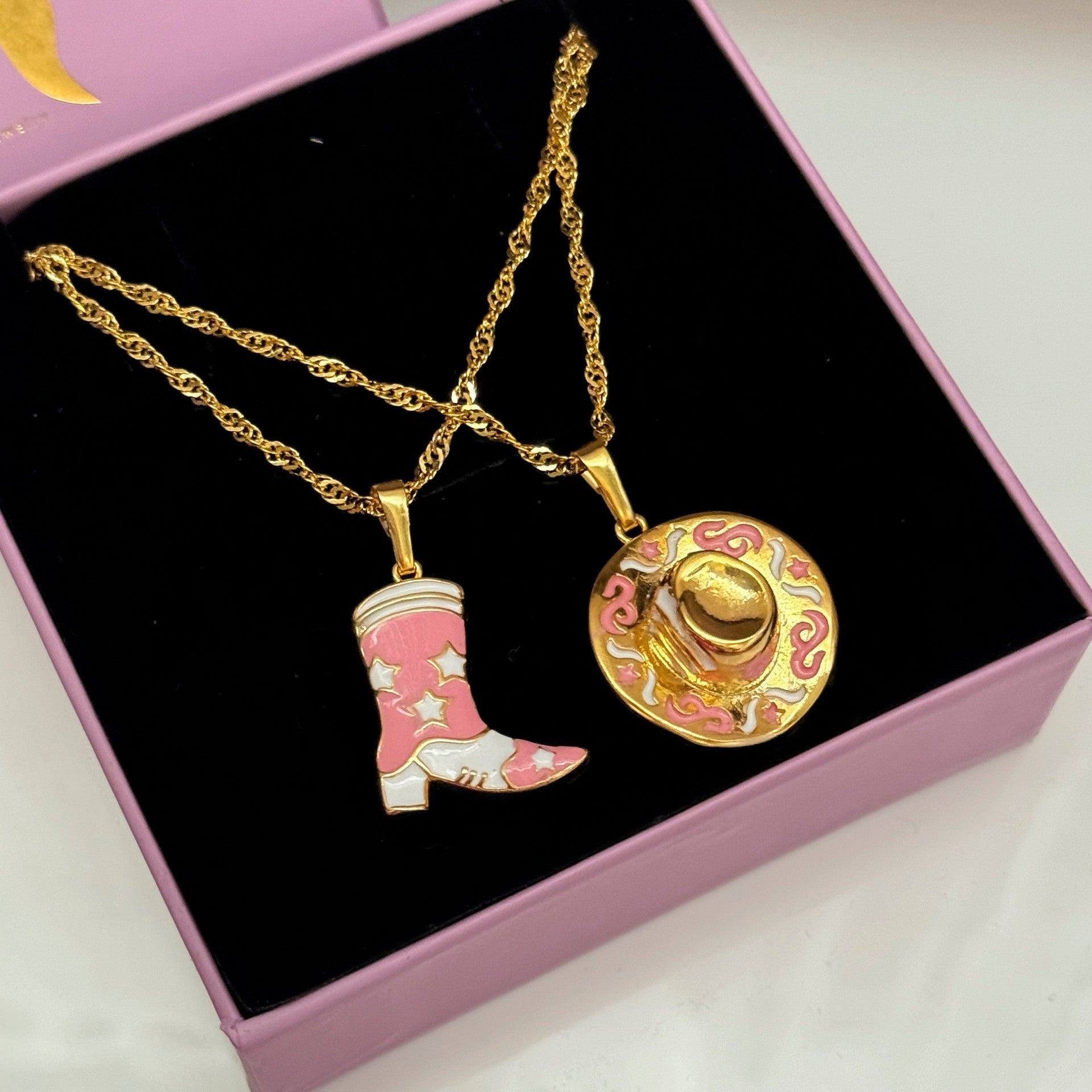 Denim Boots Cowboy Hat Pendant Necklace Retro Style Ornament Vacuum Plating In Furnace