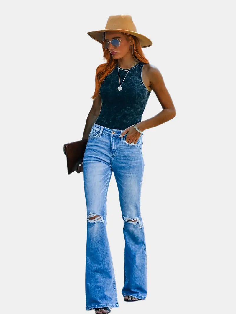 Women's Flared Bell Bottom Distressed Denim Jeans