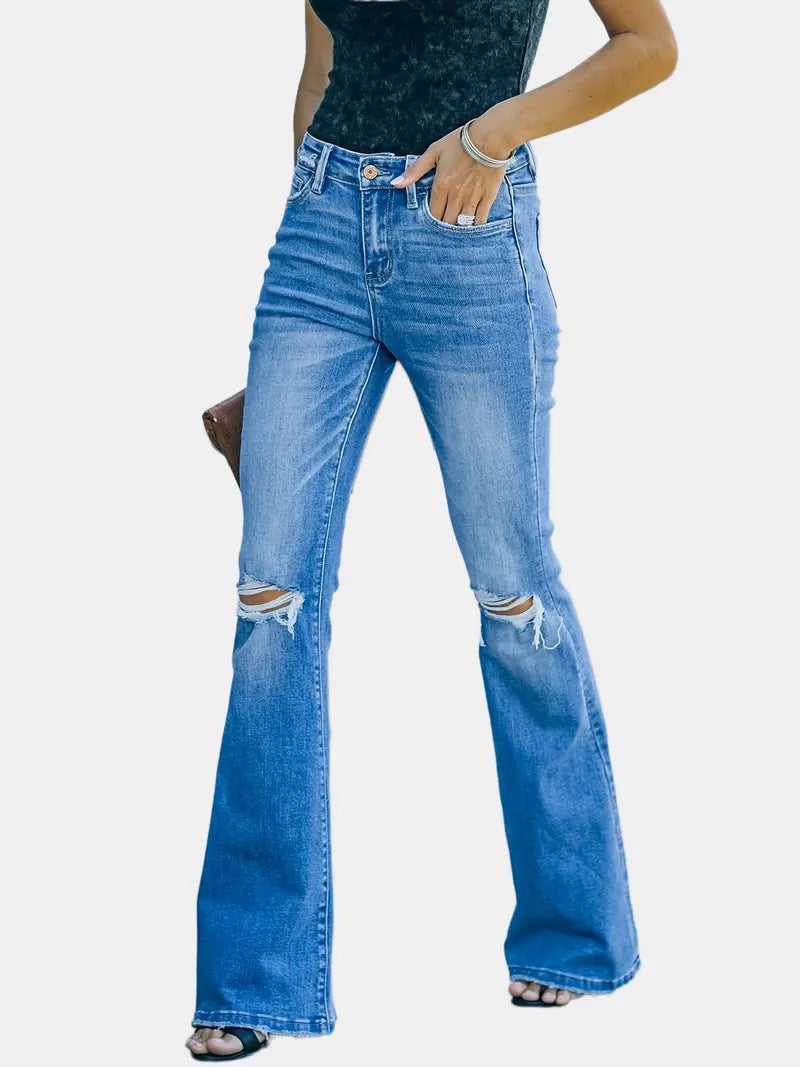 Women's Flared Bell Bottom Distressed Denim Jeans